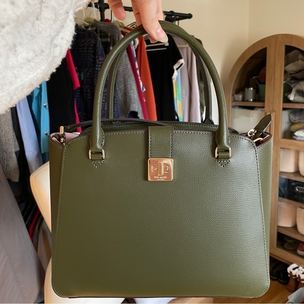 Kate spade medium phoebe satchel seaweed olive green + pink interior $429 NWT - Picture 6 of 7